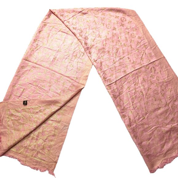 LOUIS VUITTON LV Light Pink & Gold Monogram Shawl Scarf Wrap - Picture 1 of 10